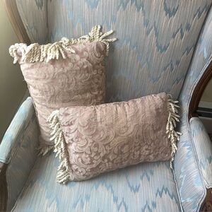Vintage decorative Set of 2 Brocade fringed Lumbar Throw Pillows in blush color.